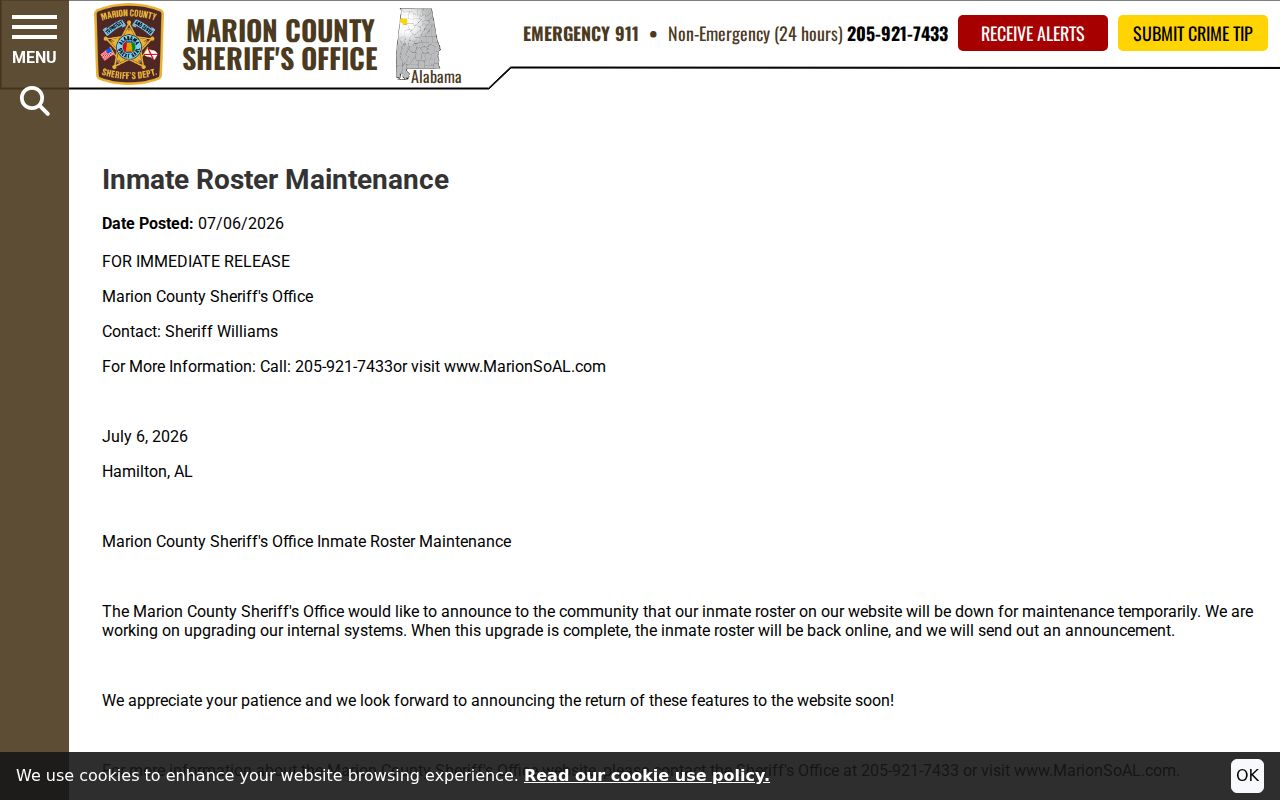 Marion County inmate roster maintenance notice July 2026