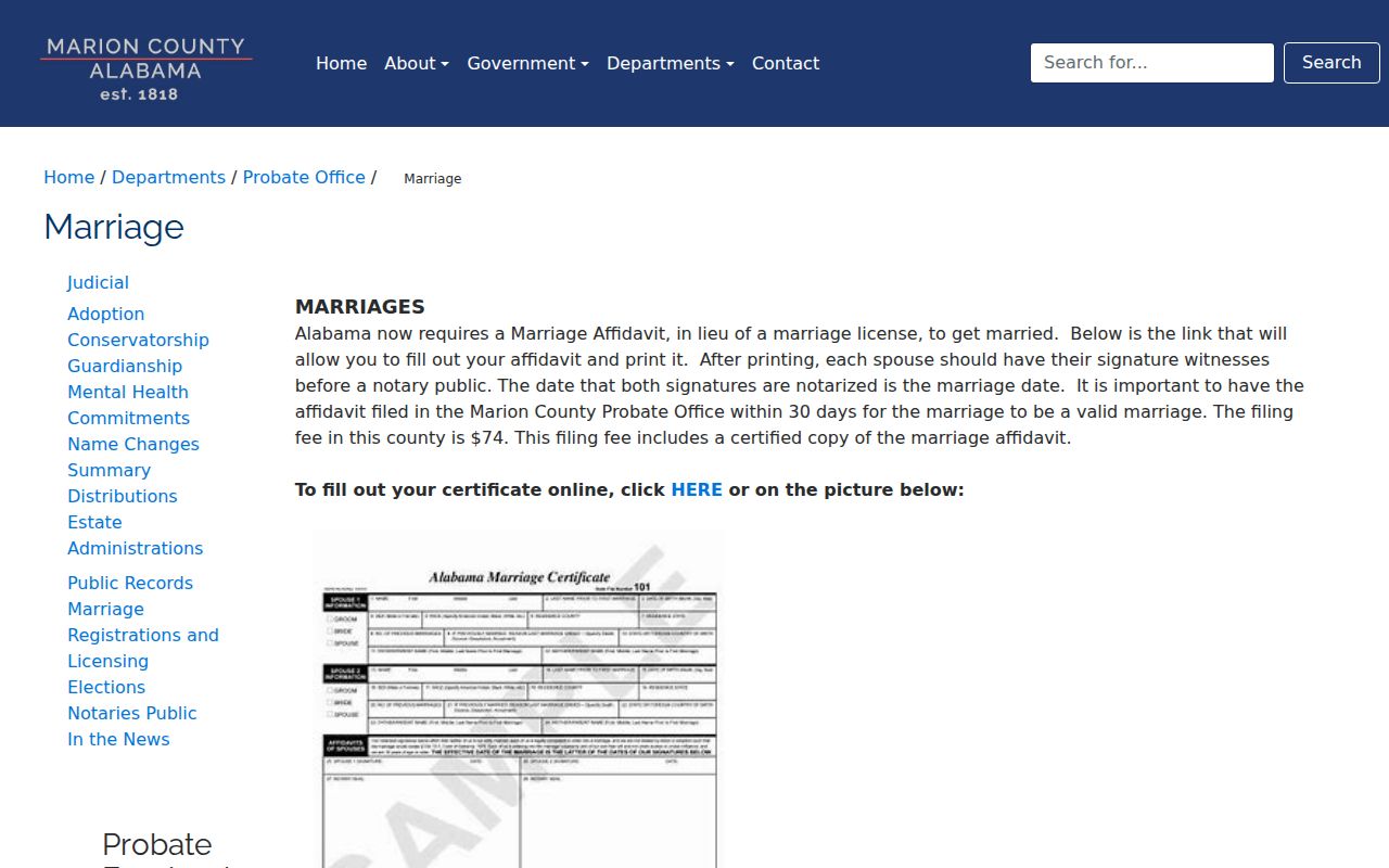 Marion County marriage records affidavit instructions